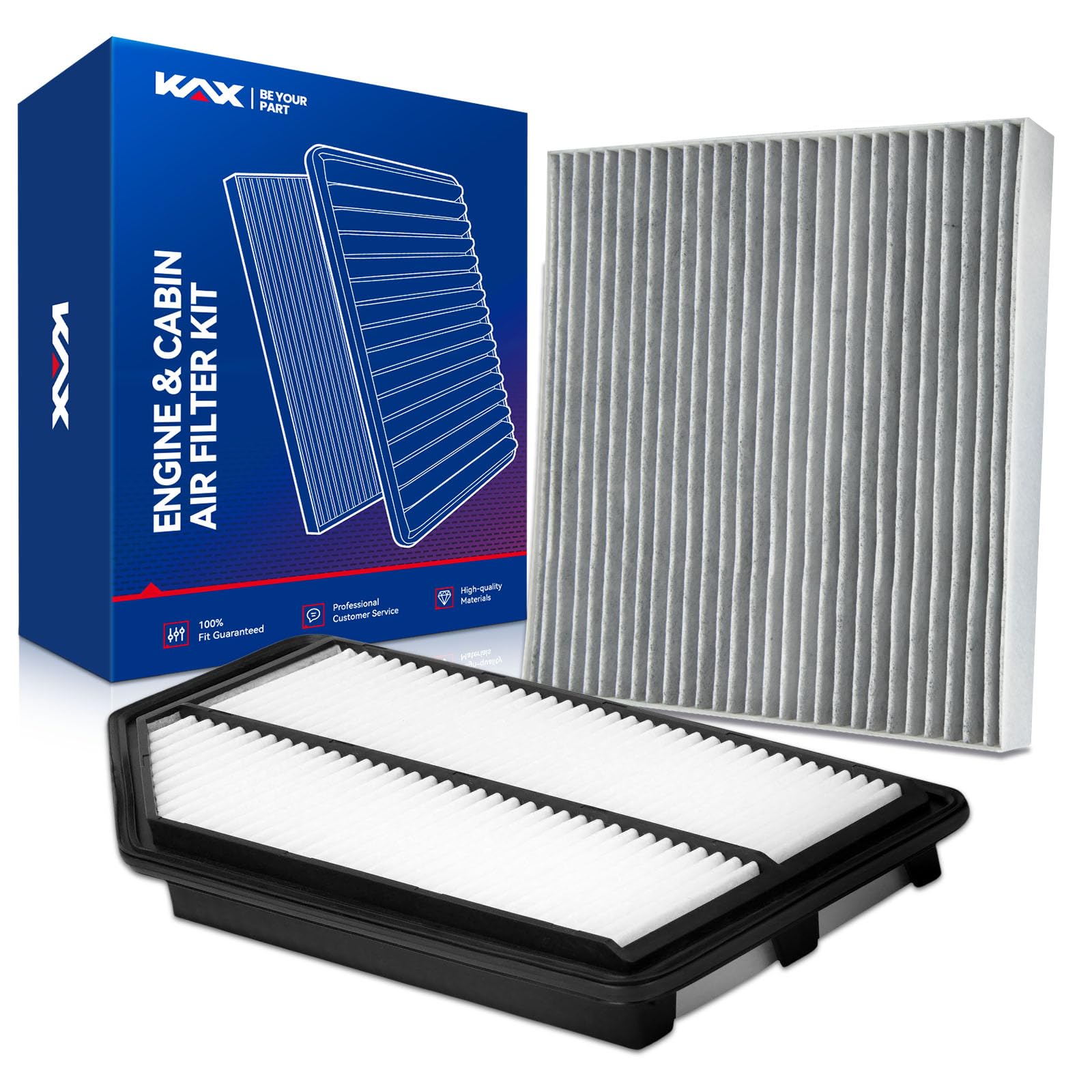 KAX engine air filter front packaging showing fit and easy replacement benefit