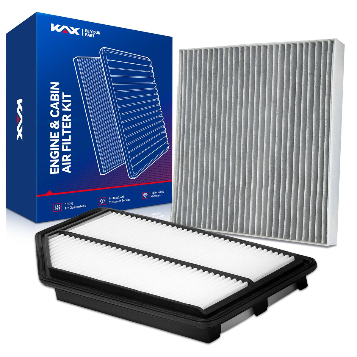 KAX engine air filter front packaging showing fit and easy replacement benefit