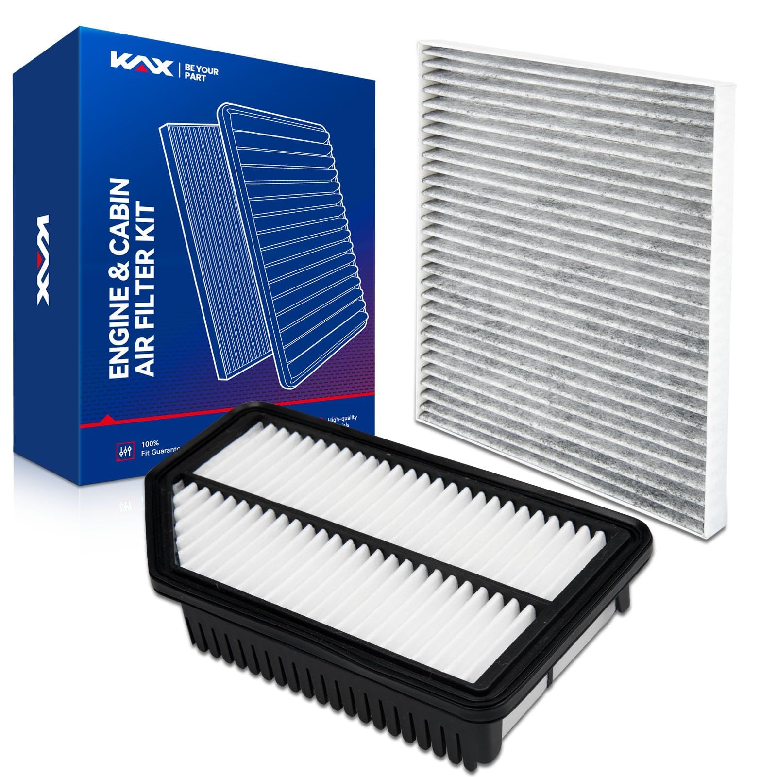 KAX front packaging showing both engine and cabin filters, clear kit benefit