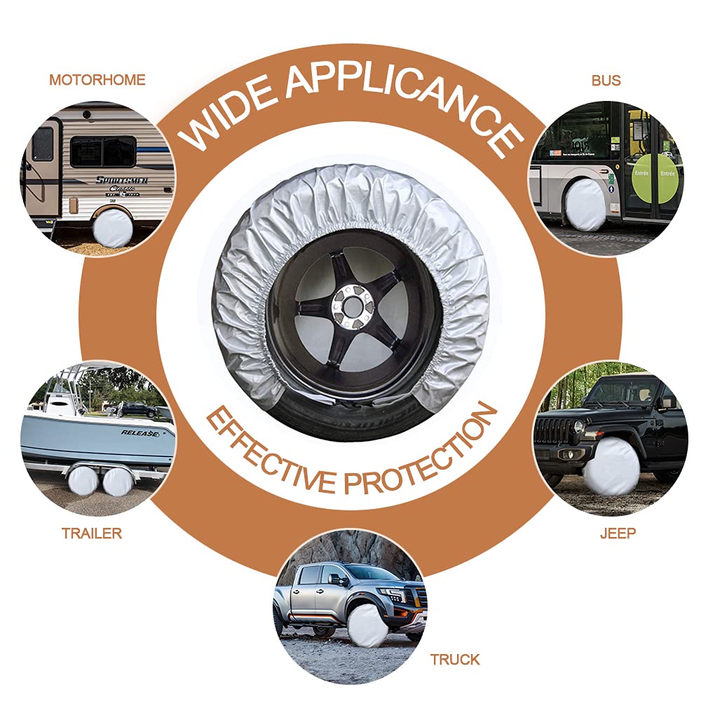 Kayme covers on a camper in a parking scene protecting tires outdoors