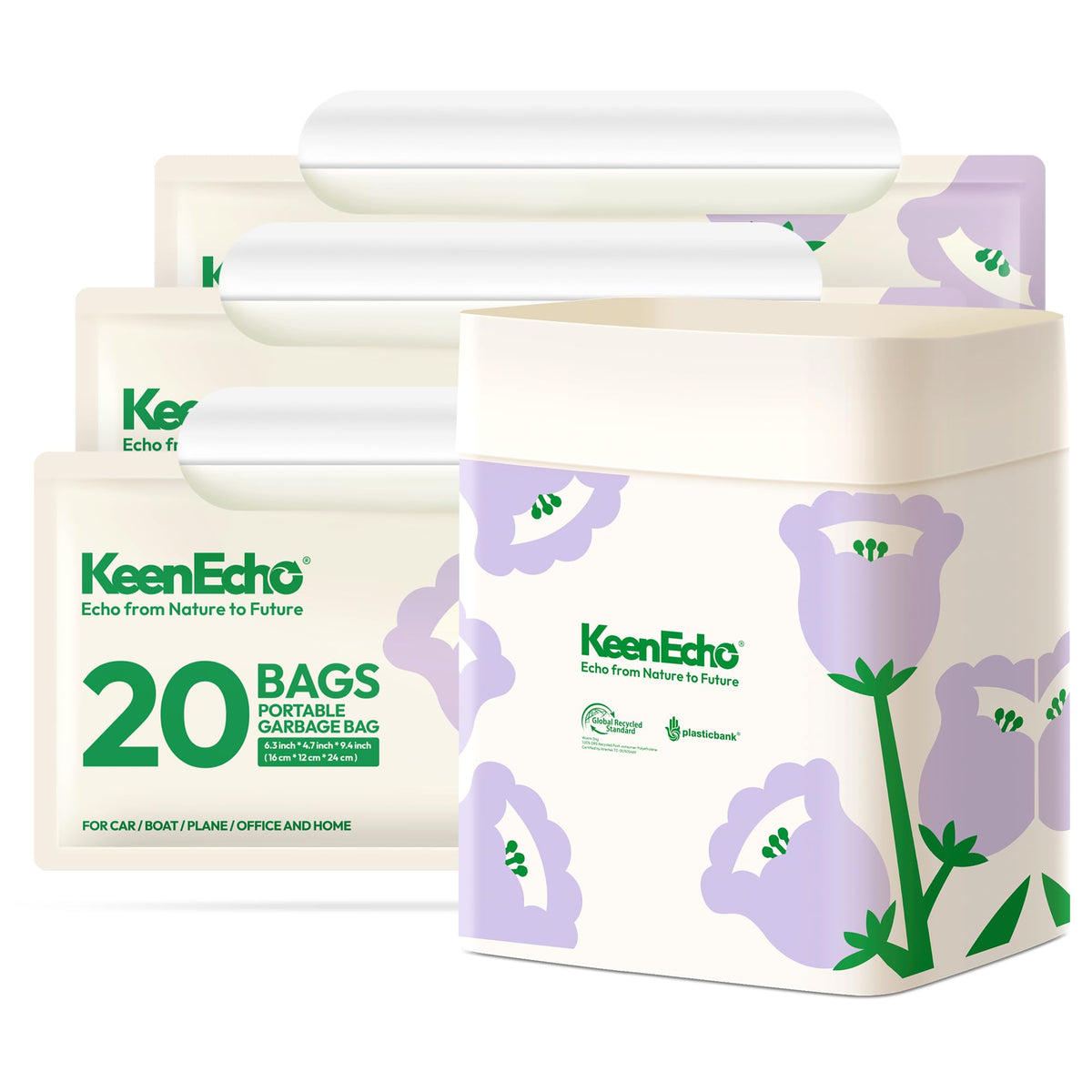 KeenEcho front packaging showing purple 60-pack and recycled label benefit