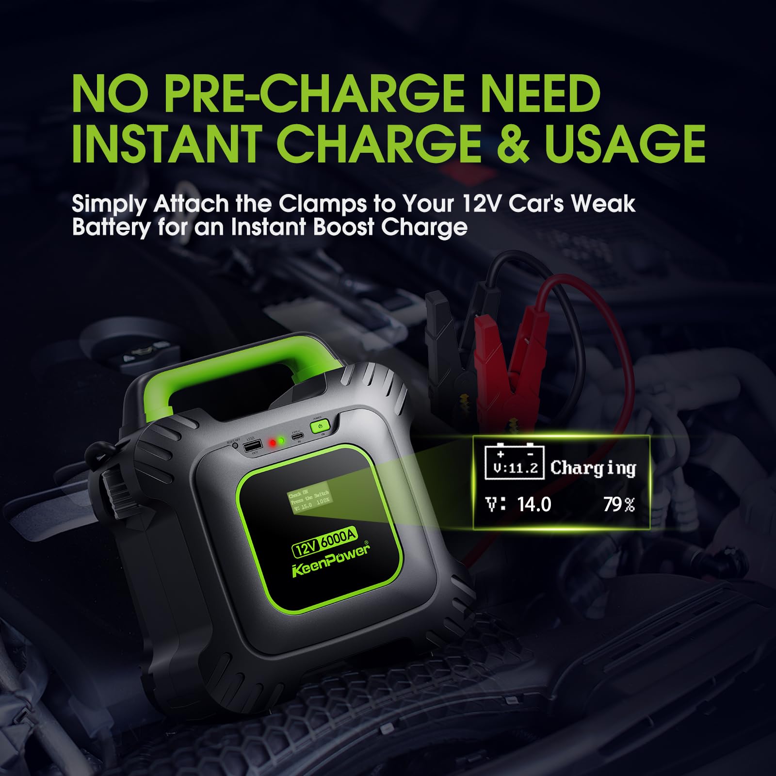 KeenPower jump starter in use starting a car quickly for confident vehicle recovery