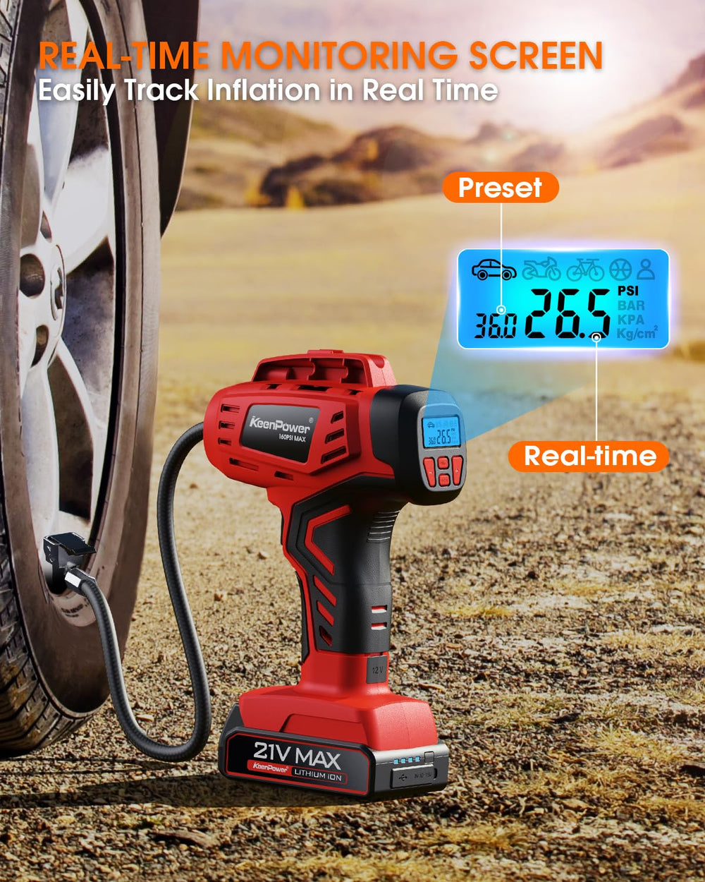 KeenPower nozzle and hose detail demonstrating secure valve connection and fast airflow