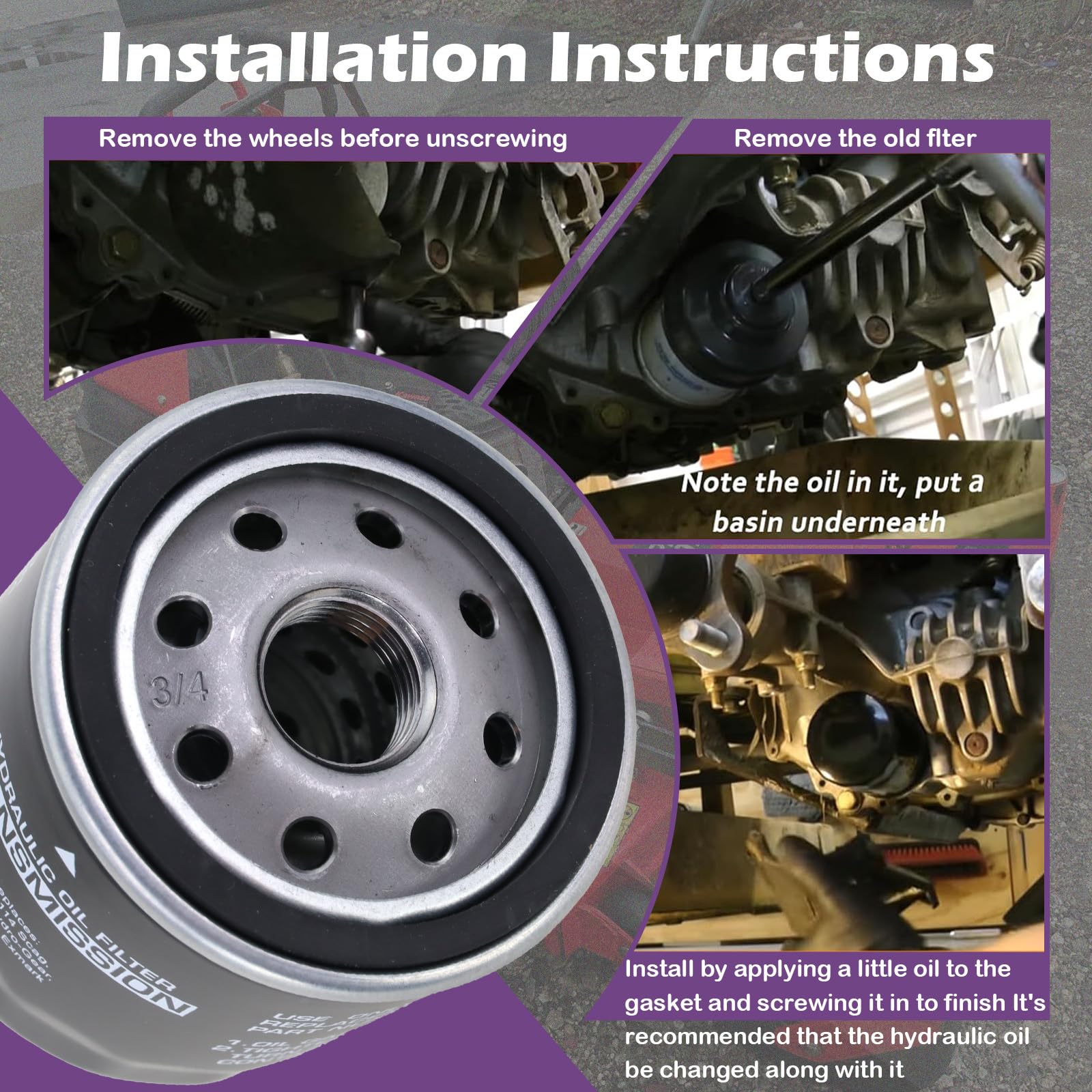 Kefly oil filter installed on mower demonstrating quick-service benefit