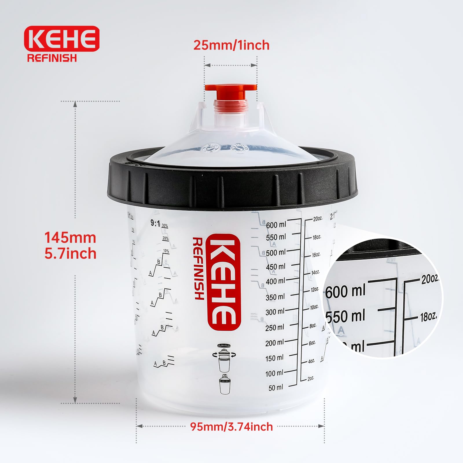 KEHE REFINISH cup calibration marks showing common ratios for precise paint mixes