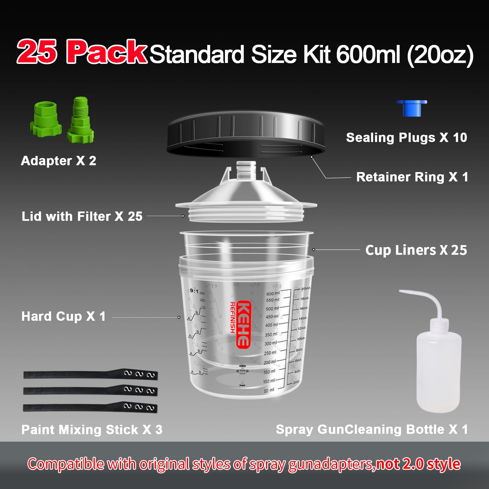 KEHE REFINISH transparent 20oz liner close-up with visible calibration for accurate mixing