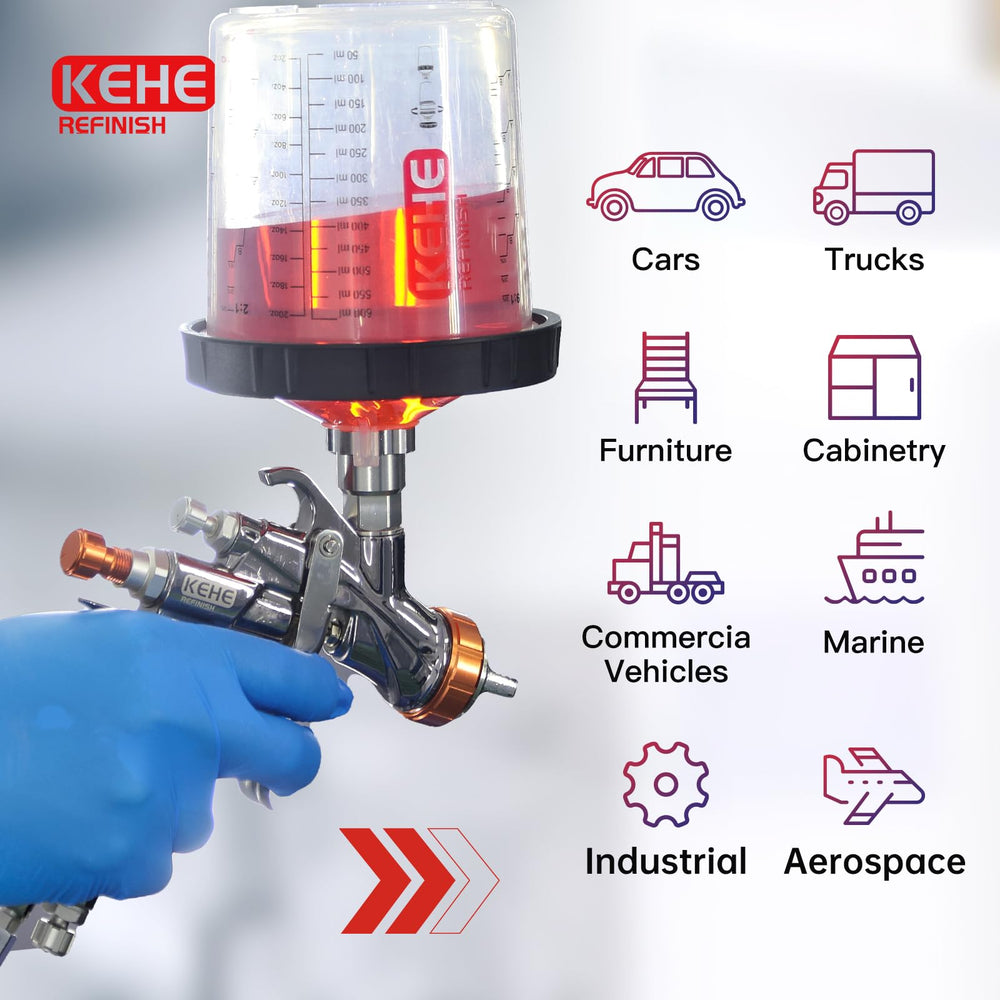 KEHE REFINISH liner installed in spray gun at angle demonstrating leak-free spraying