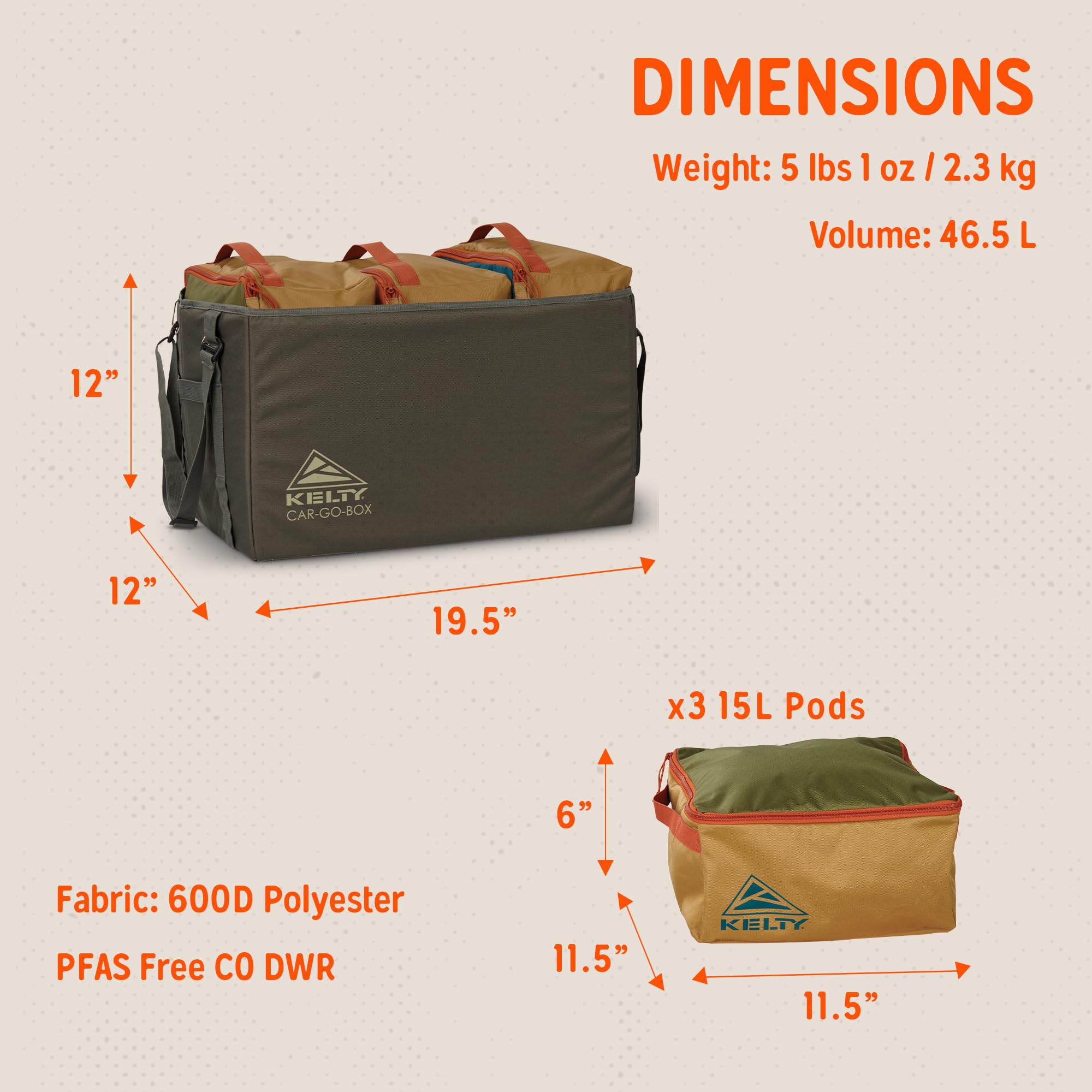Kelty cargo box with all three pods unzipped showing organized access and quick packing