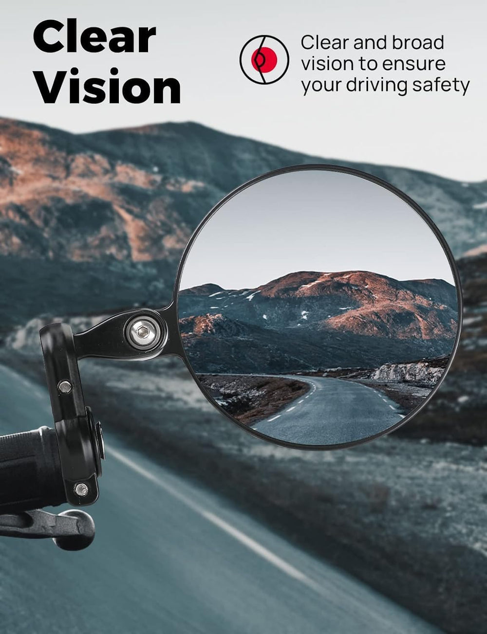 KEMIMOTO mirror tilted to show 360-degree rotation and adjustability