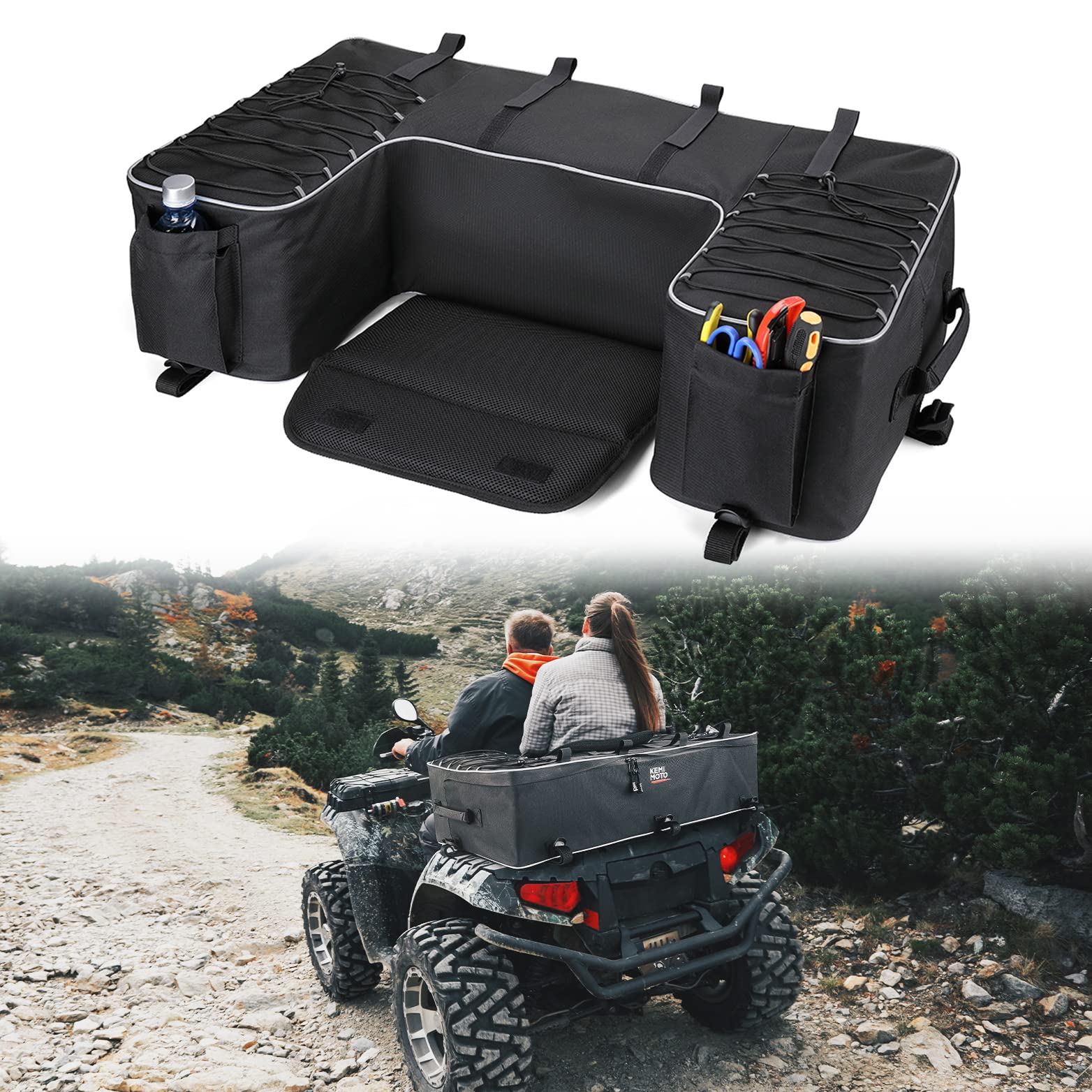 KEMIMOTO front view showing large 55L capacity and secure straps