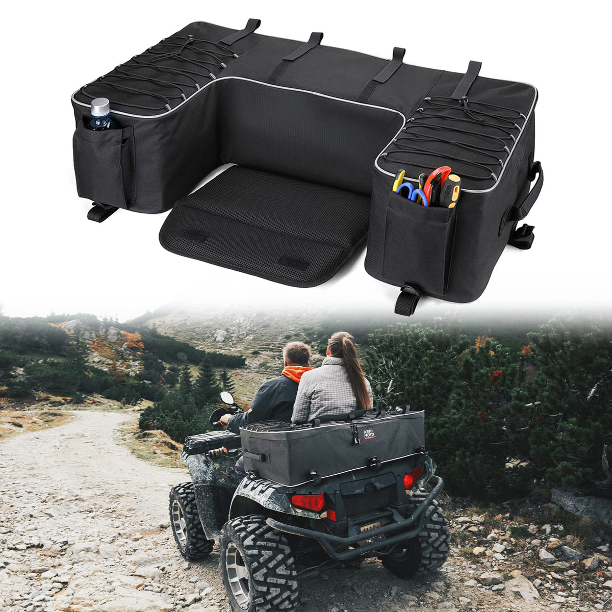 KEMIMOTO front view showing large 55L capacity and secure straps
