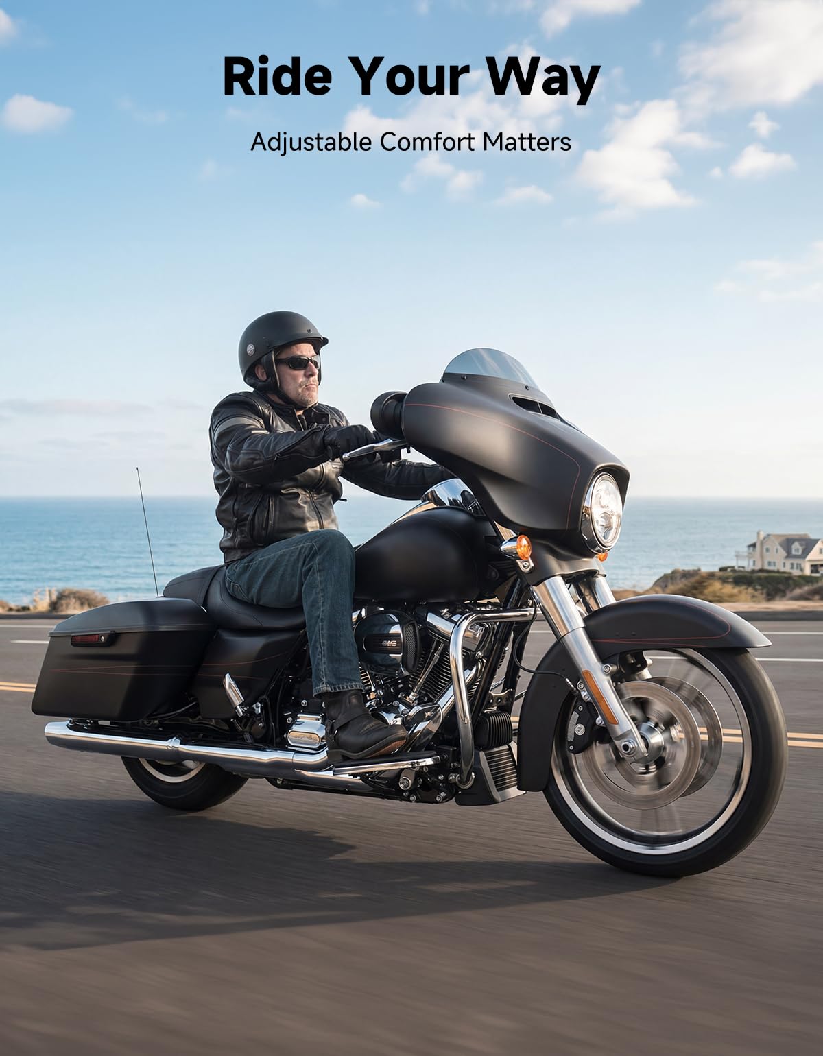 KEMIMOTO lifestyle shot on highway illustrating comfort on long rides benefit