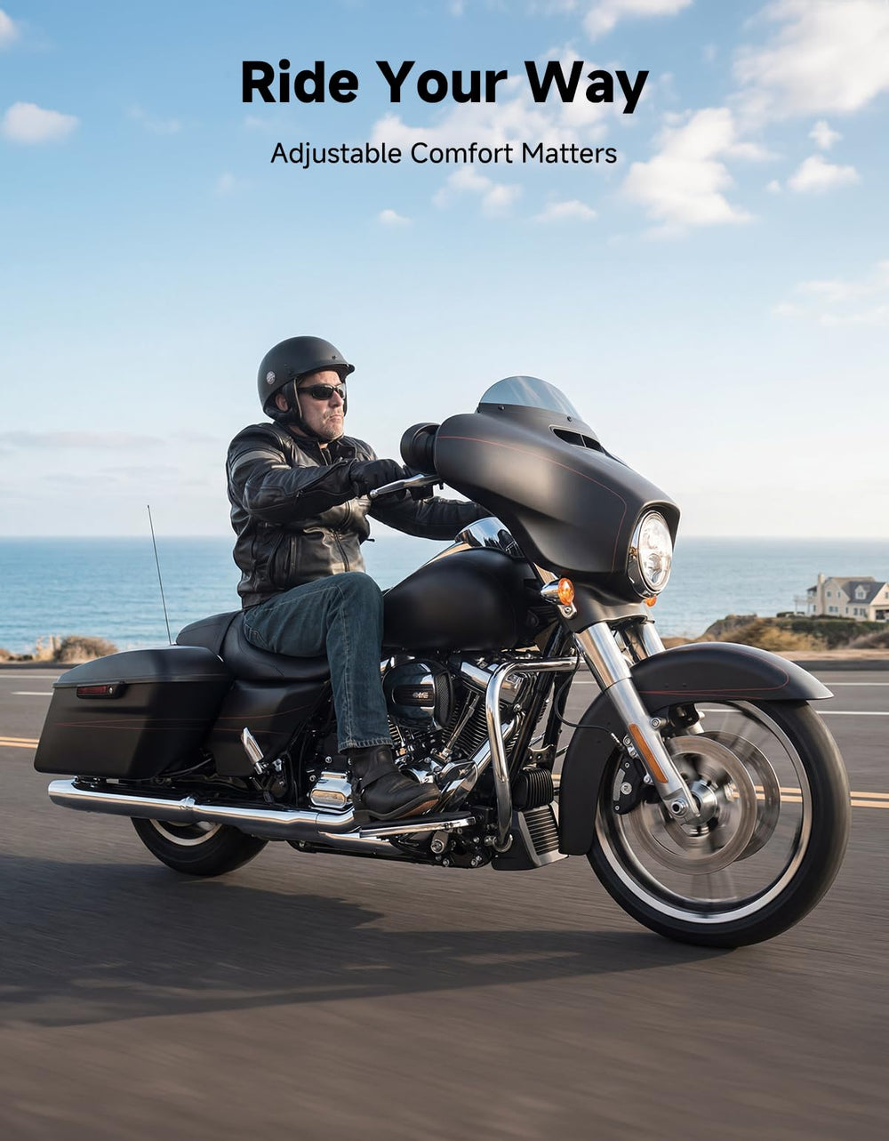 KEMIMOTO lifestyle shot on highway illustrating comfort on long rides benefit