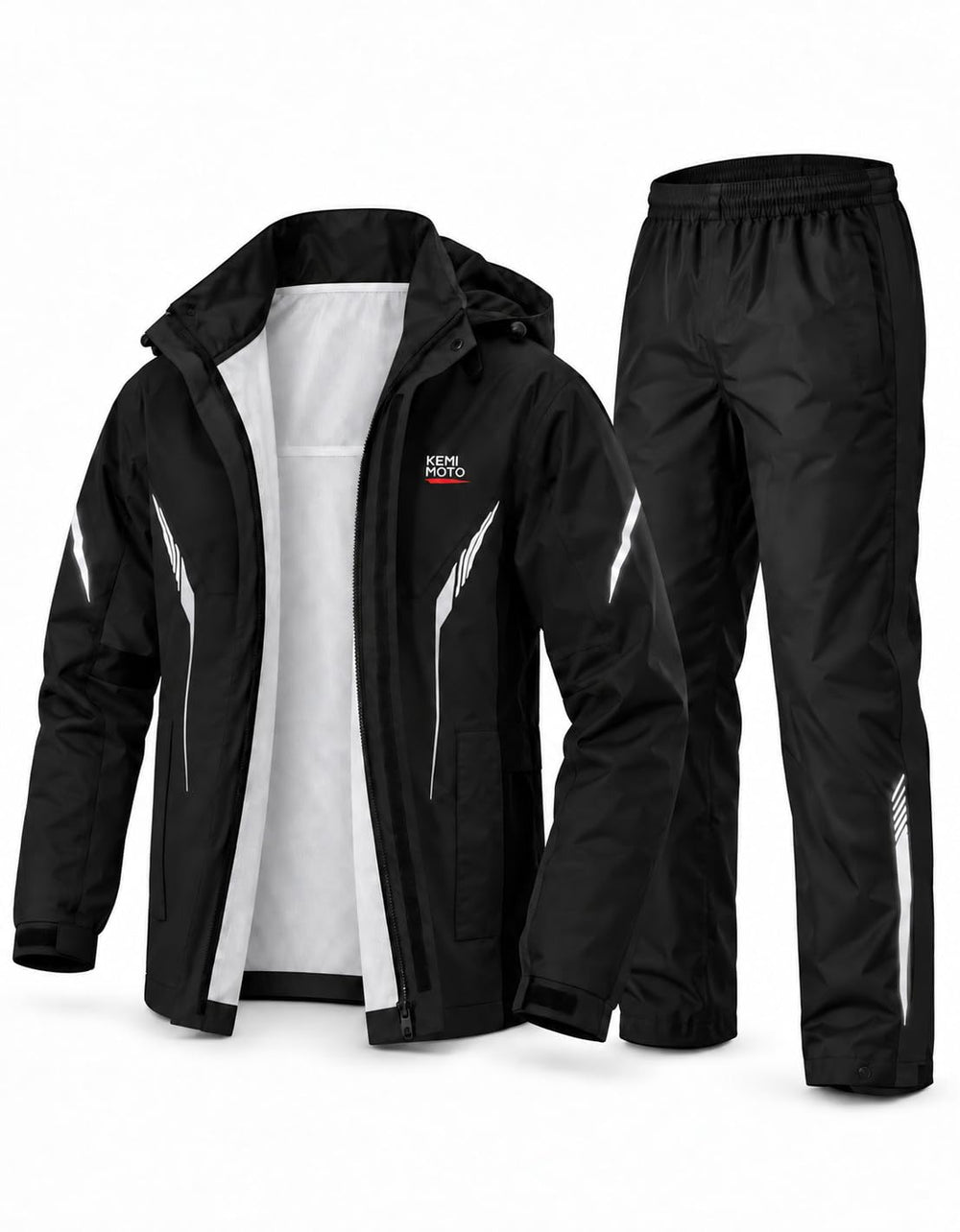 KEMIMOTO front view of rain suit showing waterproof shell and closures for protection