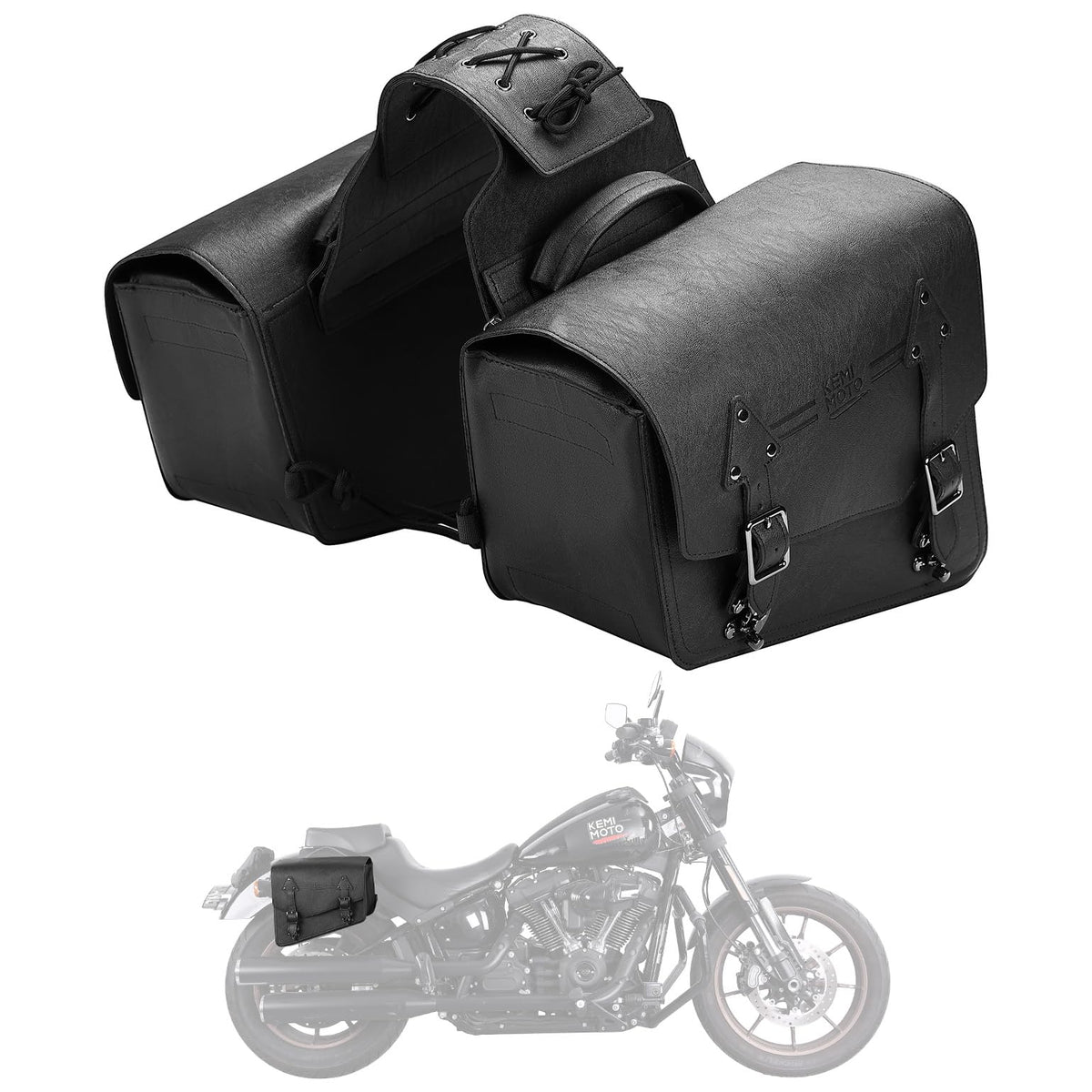 KEMIMOTO front view of saddlebags showing capacity and classic look