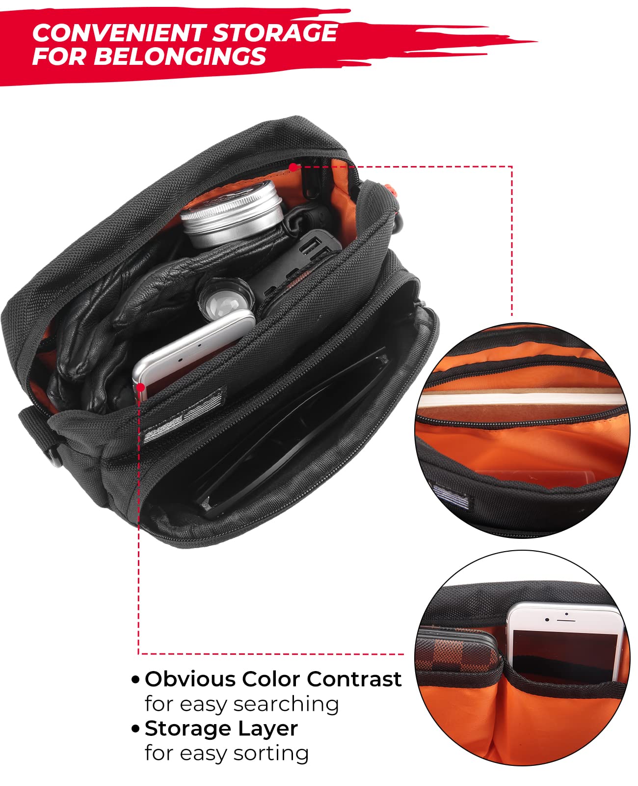 KEMIMOTO open bag revealing bright orange lining for fast item finding