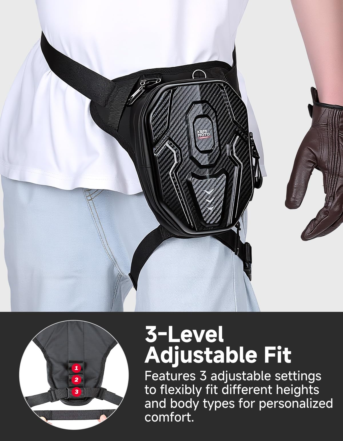 KEMIMOTO bag worn by rider illustrating stability and easy reach