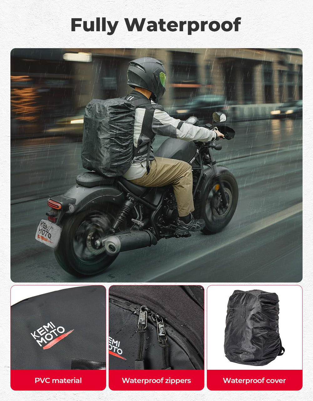 KEMIMOTO backpack mounted on motorcycle demonstrating hands-free convenience
