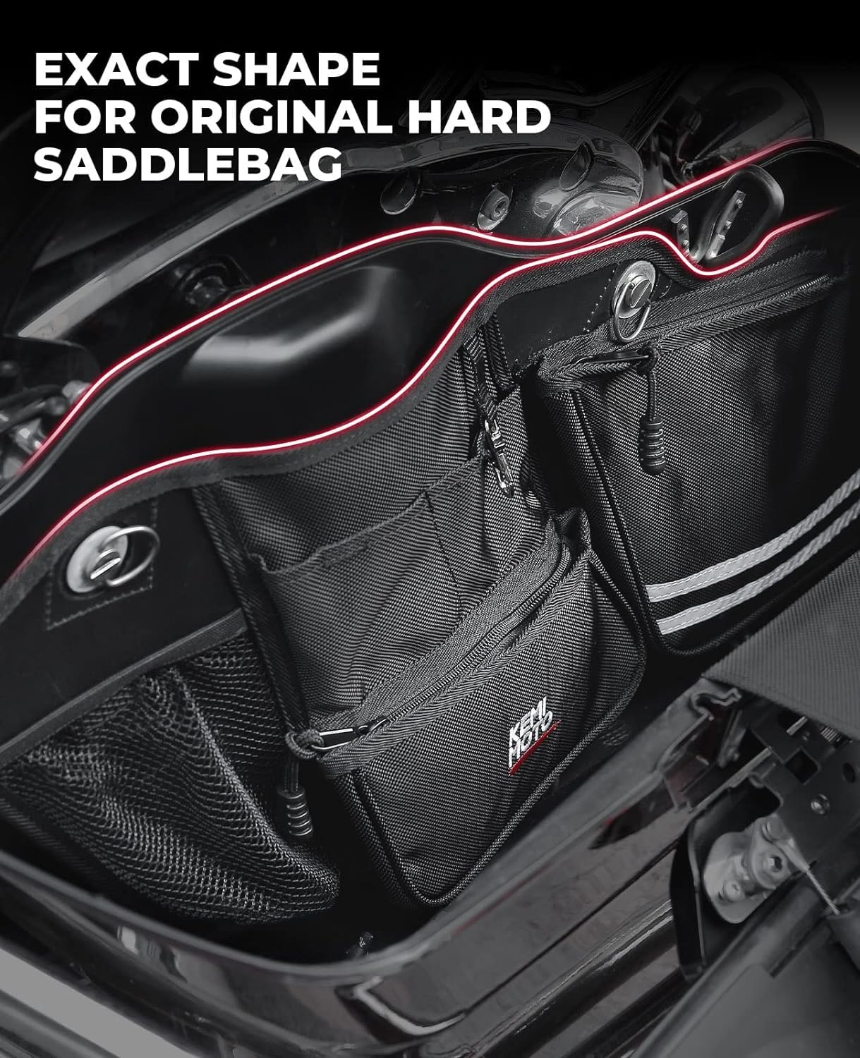 KEMIMOTO organizer installed in a saddlebag demonstrating stable, tangle-free storage while riding