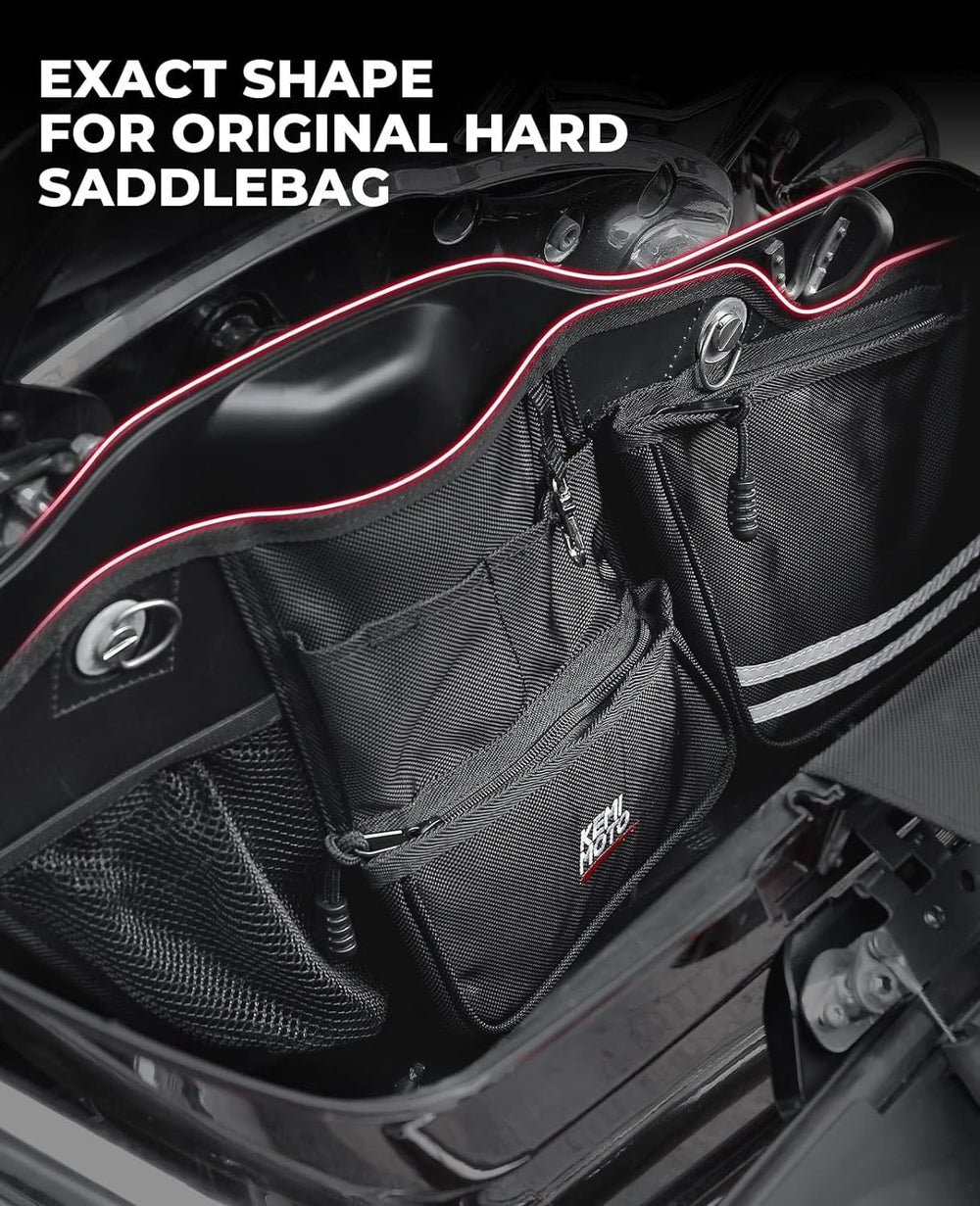 KEMIMOTO organizer installed in a saddlebag demonstrating stable, tangle-free storage while riding