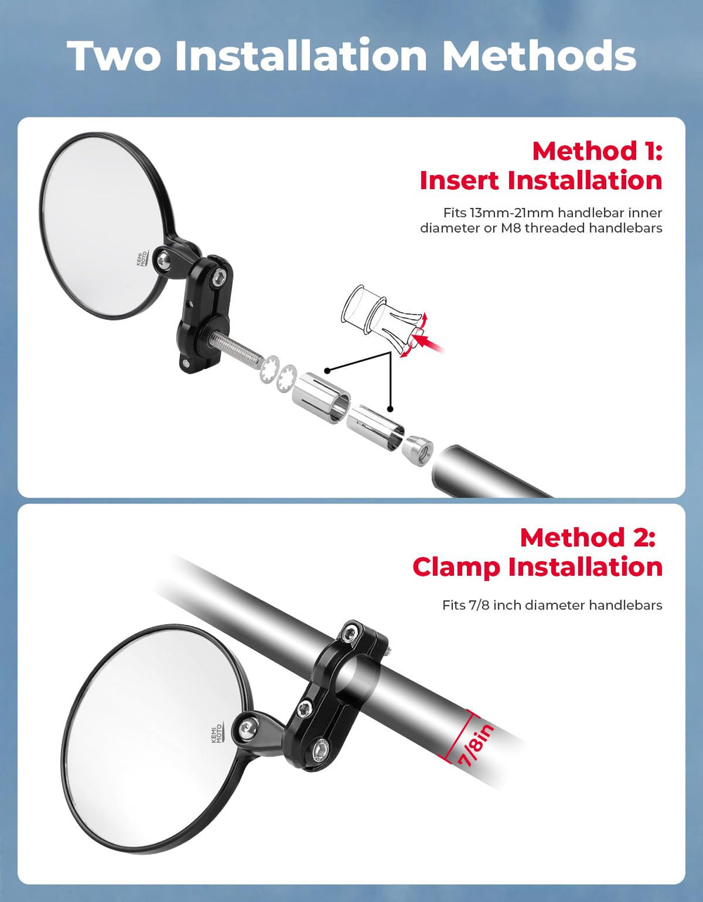KEMIMOTO mirror mounted on a 7/8" handlebar demonstrating fit