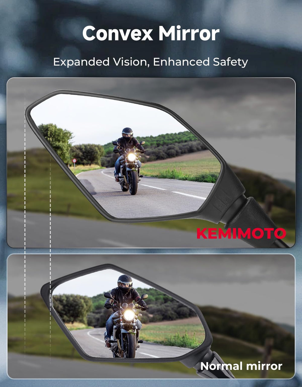 KEMIMOTO mirror mounted on scooter during ride showing practical everyday use