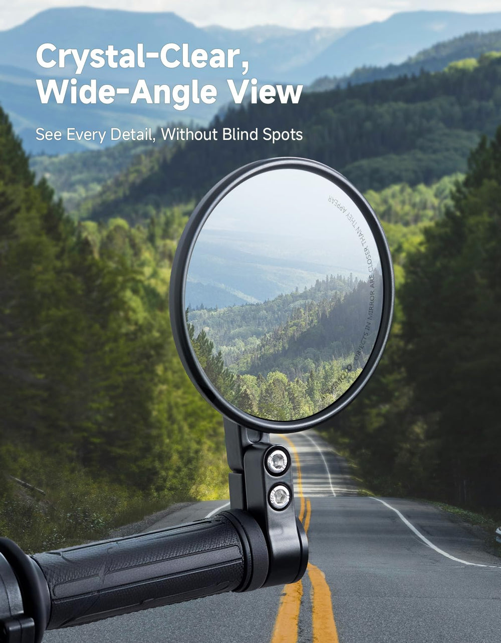 KEMIMOTO mirrors on a sportbike at lean angle showing stable positioning benefit