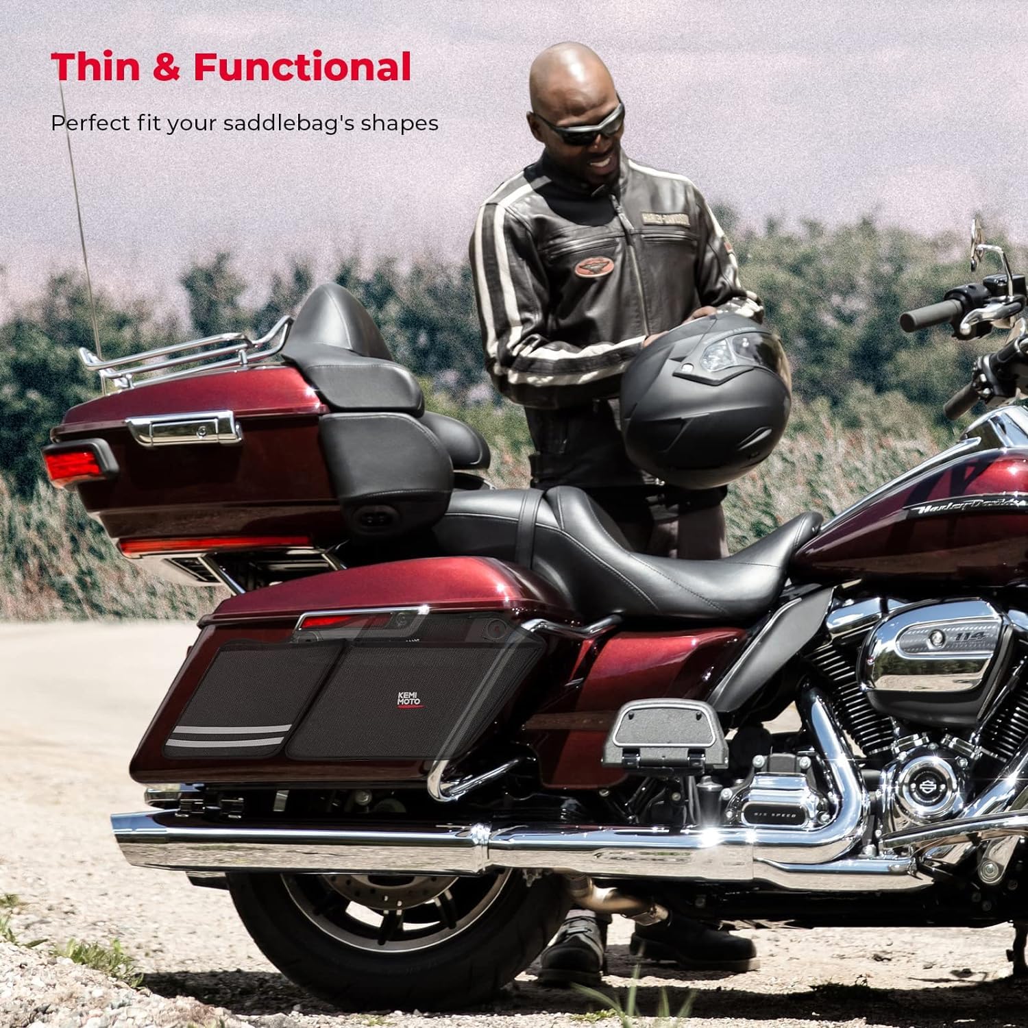 KEMIMOTO lifestyle image on highway illustrating easy access and tidy storage for touring riders