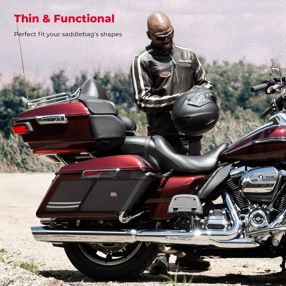 KEMIMOTO lifestyle image on highway illustrating easy access and tidy storage for touring riders