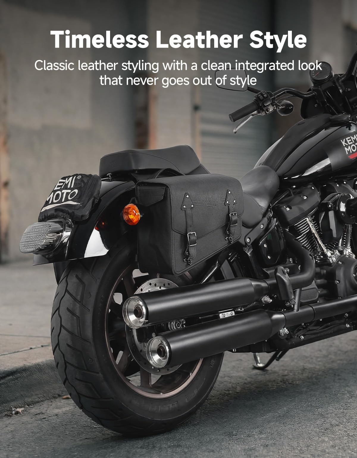 KEMIMOTO lifestyle shot on touring bike showing added storage convenience