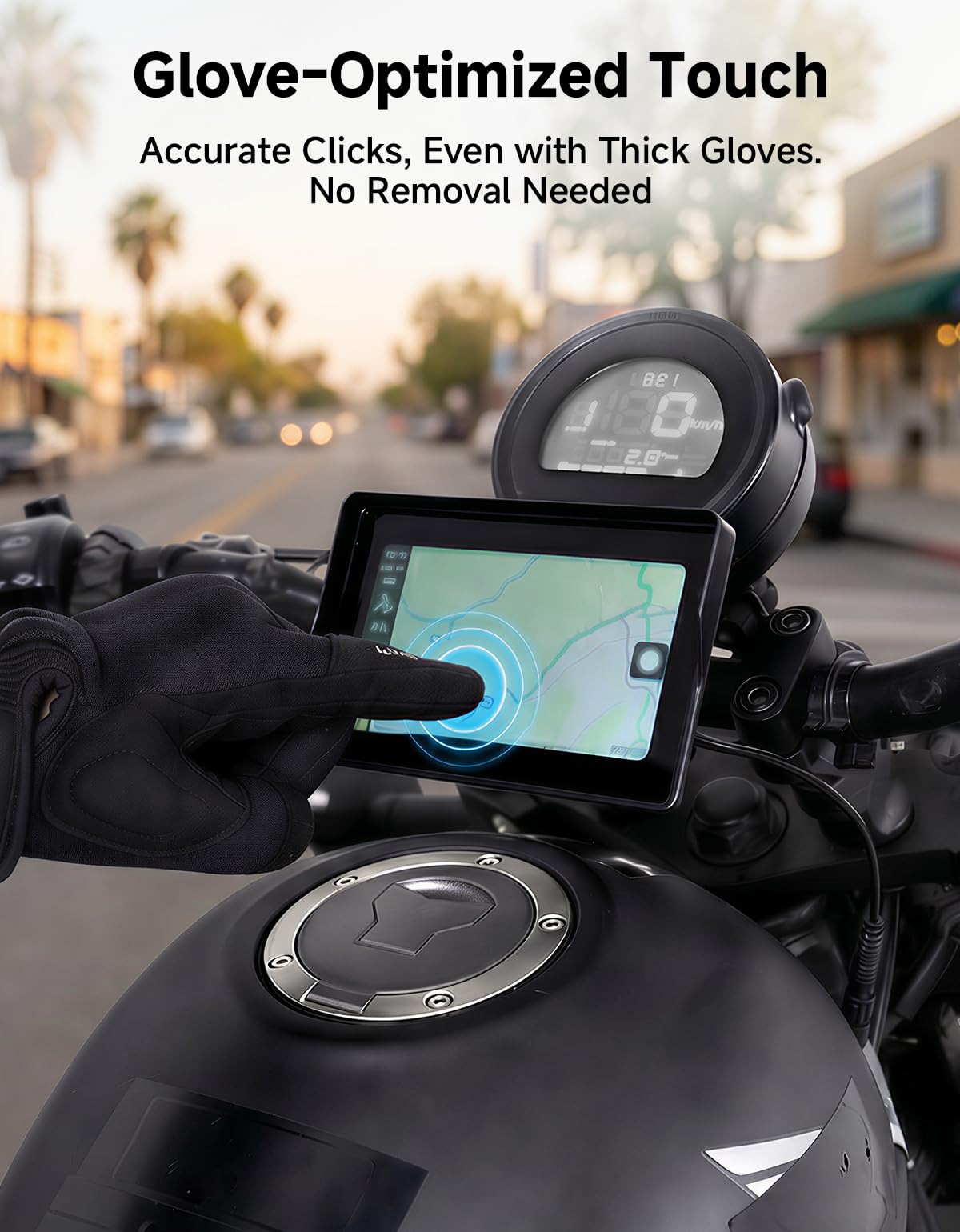 KEMIMOTO mounted on adventure bike in rain demonstrating waterproof protection