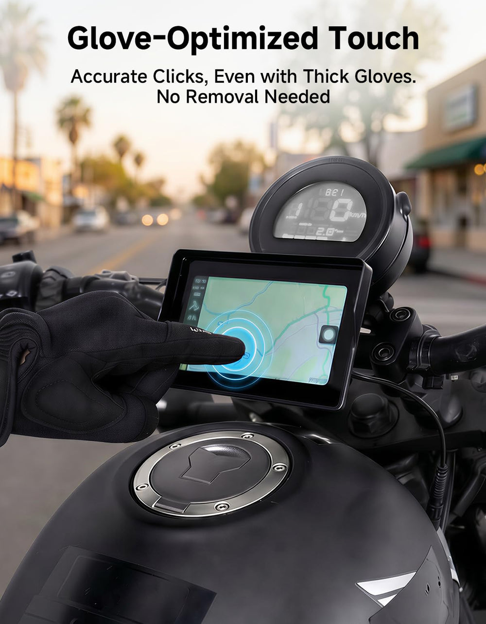 KEMIMOTO mounted on adventure bike in rain demonstrating waterproof protection