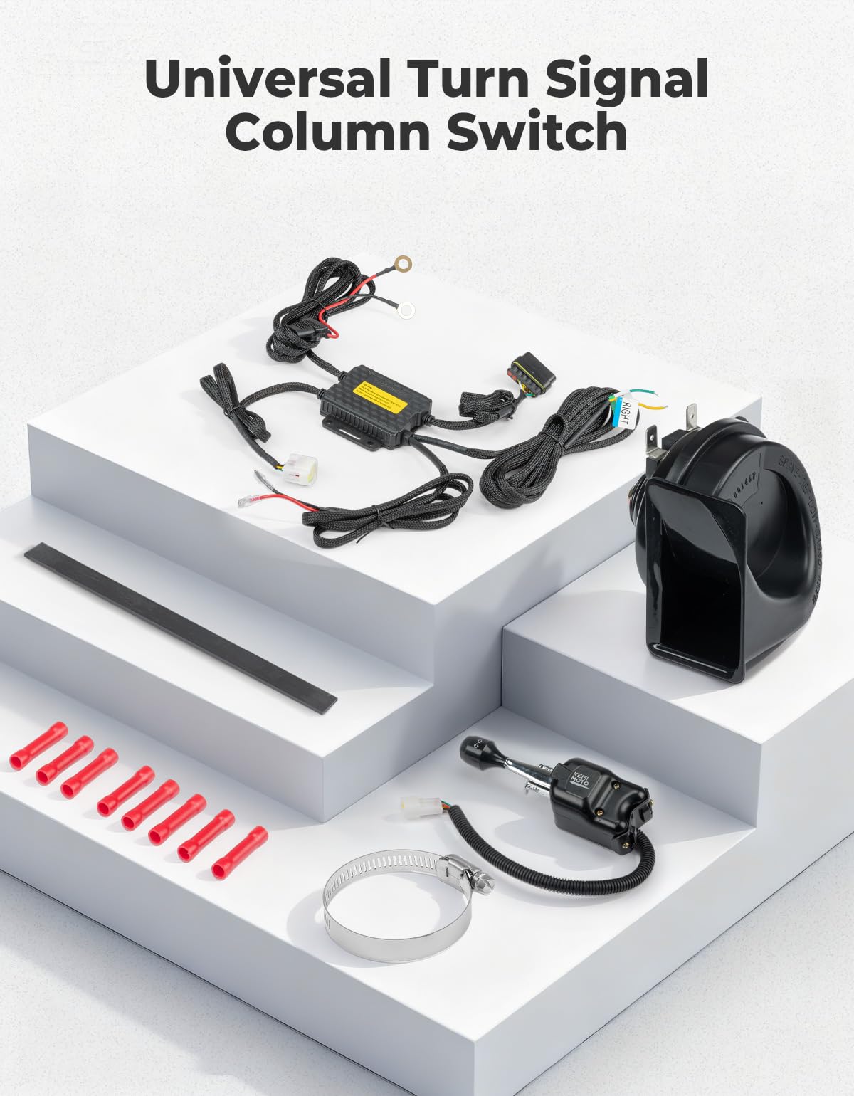 KEMIMOTO kit package contents laid out showing switch, horn, harness, clamps, ties