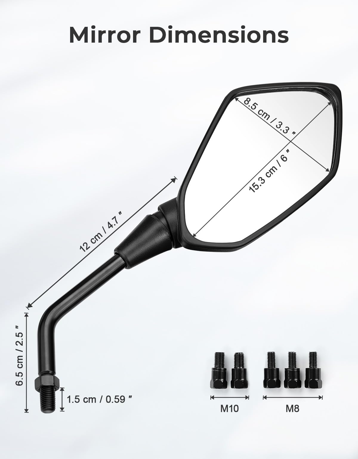 KEMIMOTO layout of mirror and hardware showing complete installation kit benefit