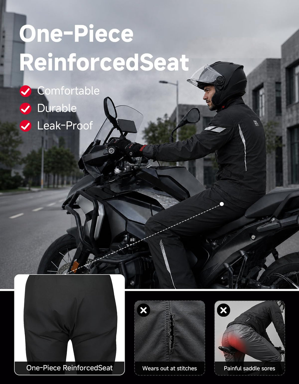 KEMIMOTO rider commuting in heavy rain illustrating comfort and weather protection