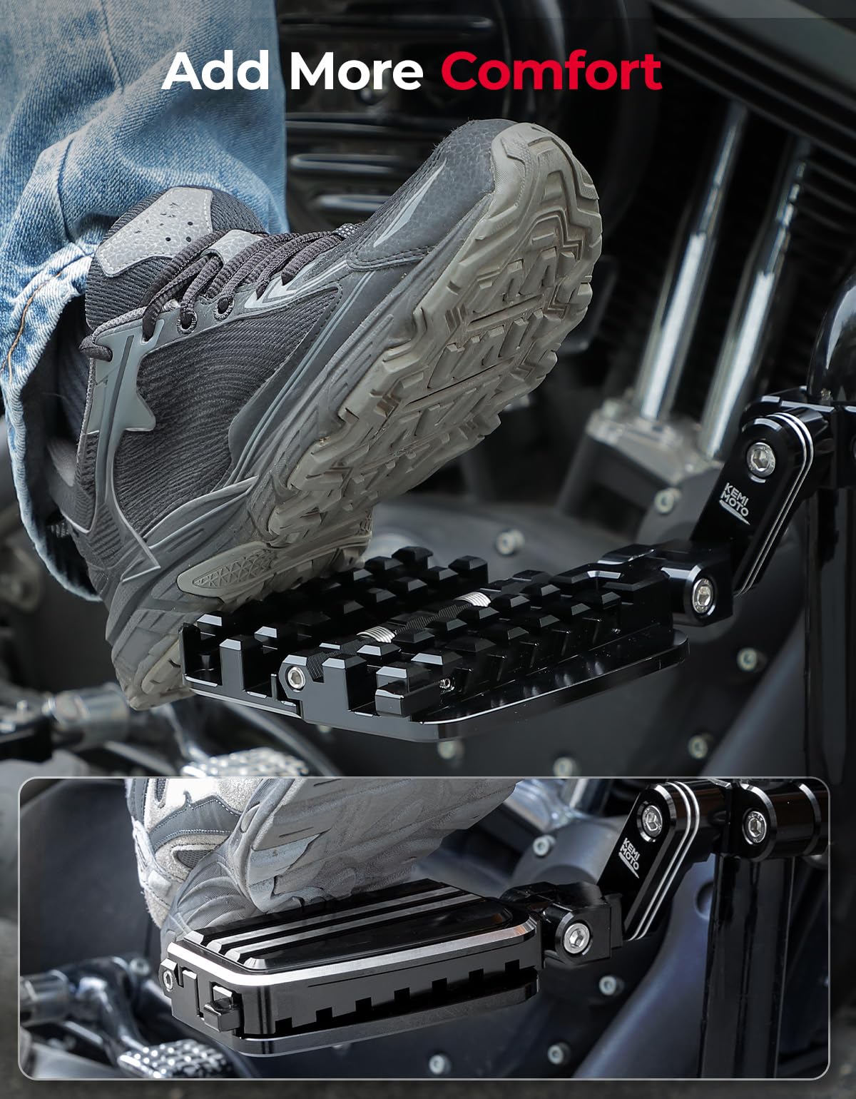 KEMIMOTO rotated angle demonstration highlights adjustability for personalized riding posture