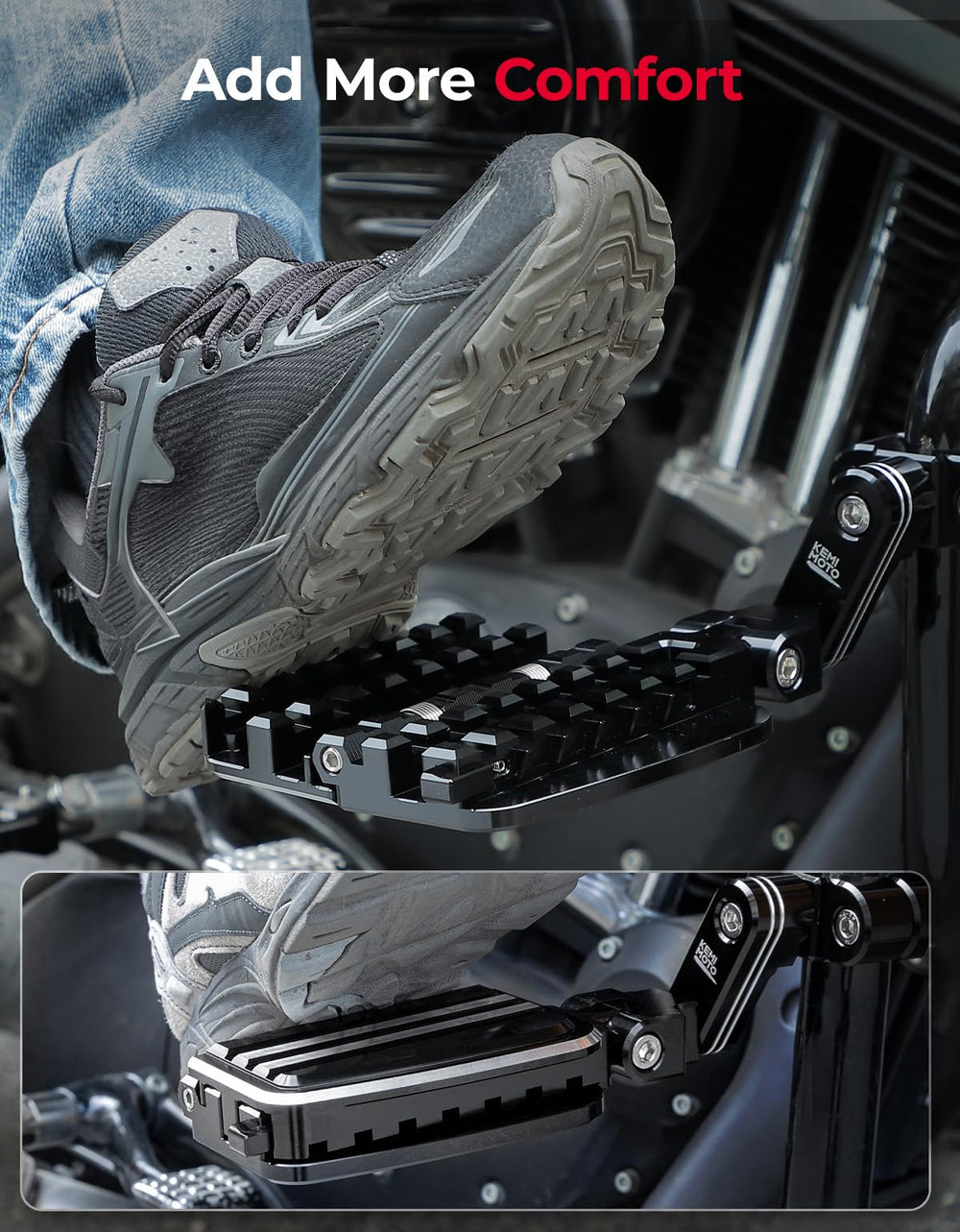 KEMIMOTO rotated angle demonstration highlights adjustability for personalized riding posture