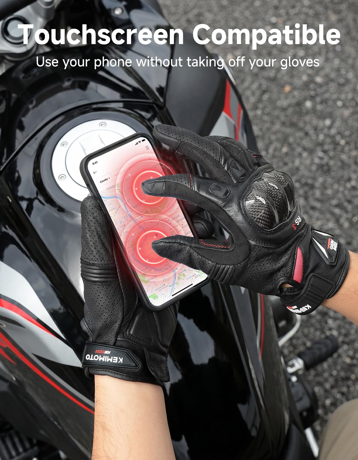 KEMIMOTO gloves next to a hand showing size scale and fit benefit