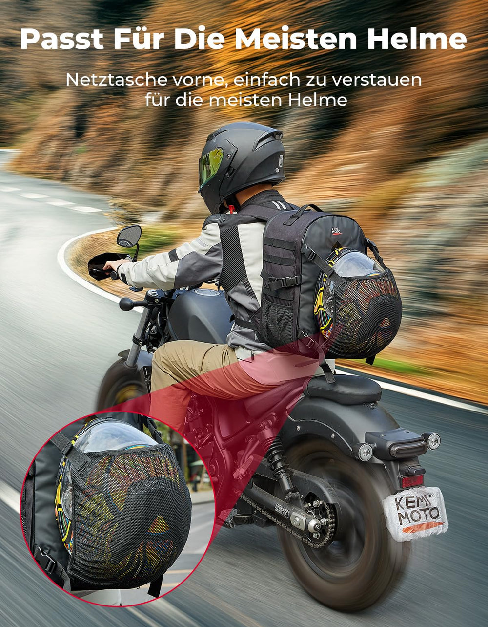 KEMIMOTO next to helmet for scale illustrating 35L capacity
