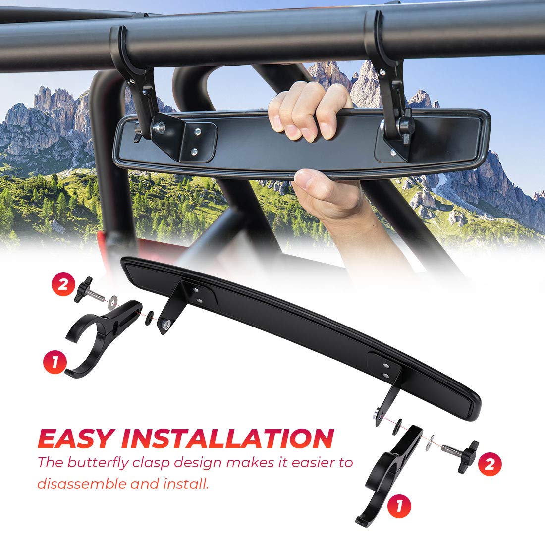 KEMIMOTO mirrors beside ruler showing fit for 1.75" to 2" roll bars