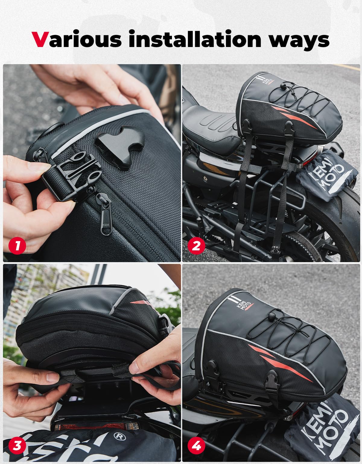 KEMIMOTO tail bag with rain cover protecting contents from heavy rain