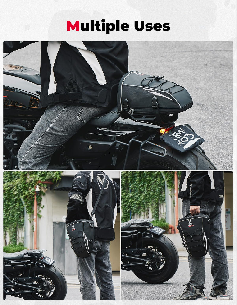 KEMIMOTO tail bag with rain cover deployed protecting contents from wet weather