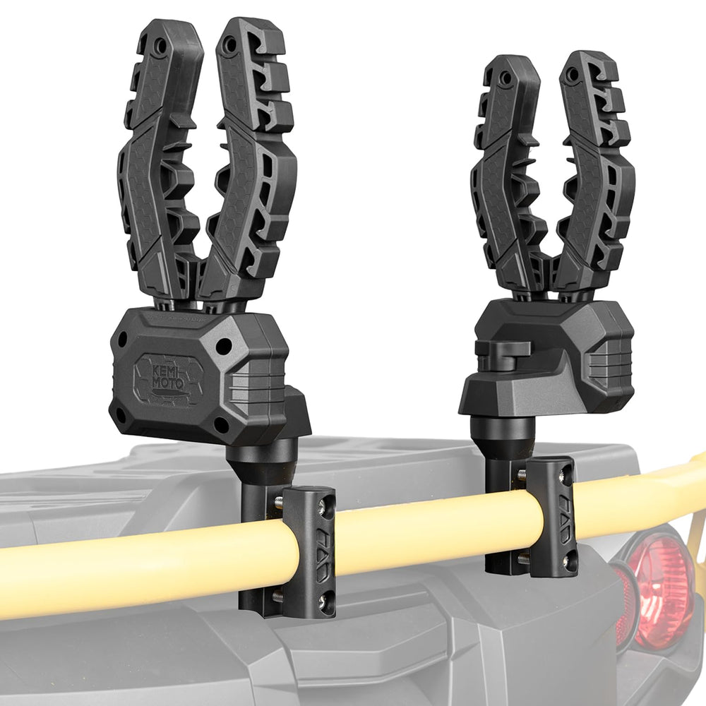 KEMIMOTO front-mounted tool rack on ATV showing secure attachment and quick access