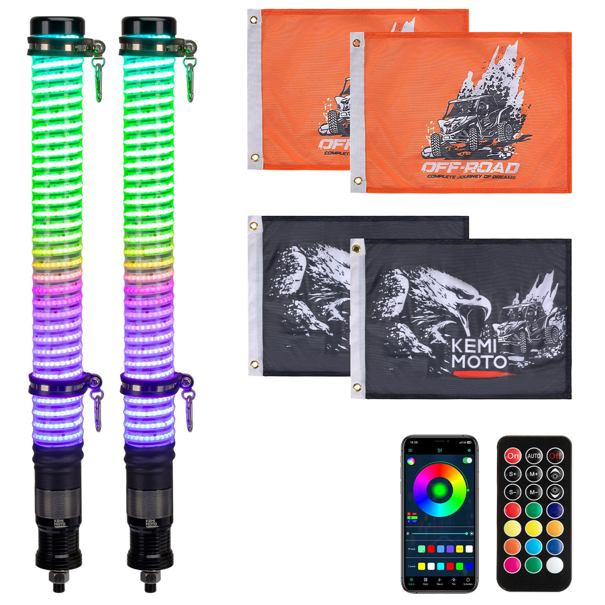 KEMIMOTO front view of both 2ft COB fat whip lights showing bright glow and visibility