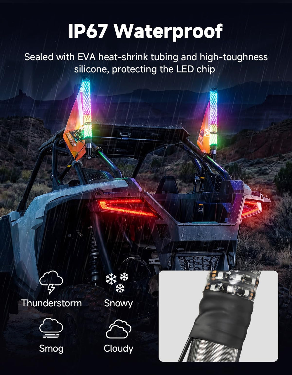 KEMIMOTO whip displaying turn-signal function integrated with vehicle lighting