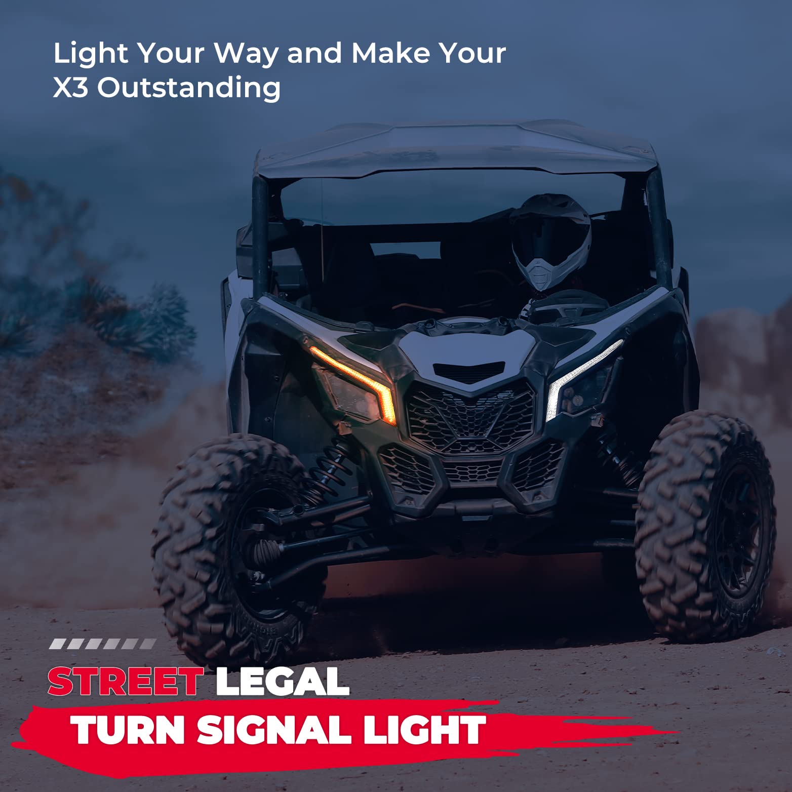 KEMIMOTO fang lights installed on a Maverick X3 improving vehicle visibility