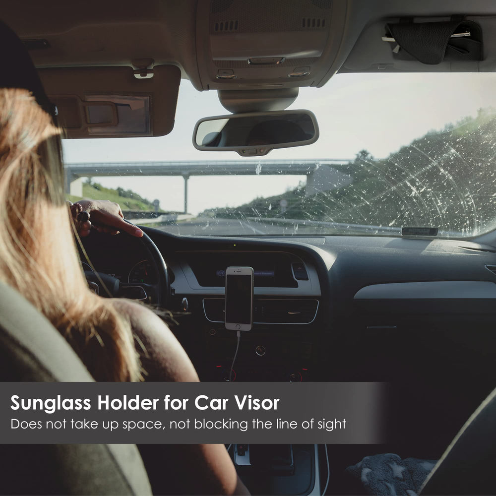 KEVANCHO with sunglasses inside illustrating organized in-car storage