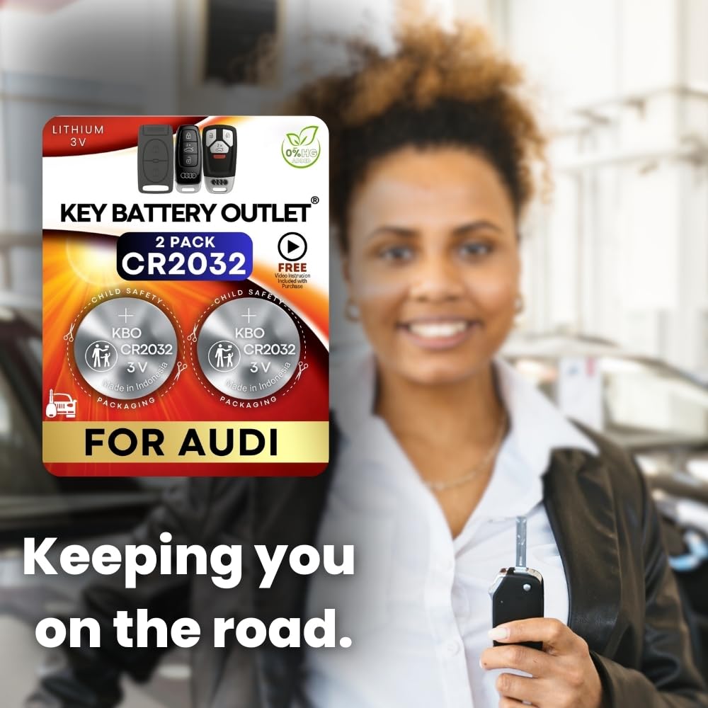 Key Battery Outlet batteries beside a fitment guide card to confirm Audi model compatibility and peace of mind