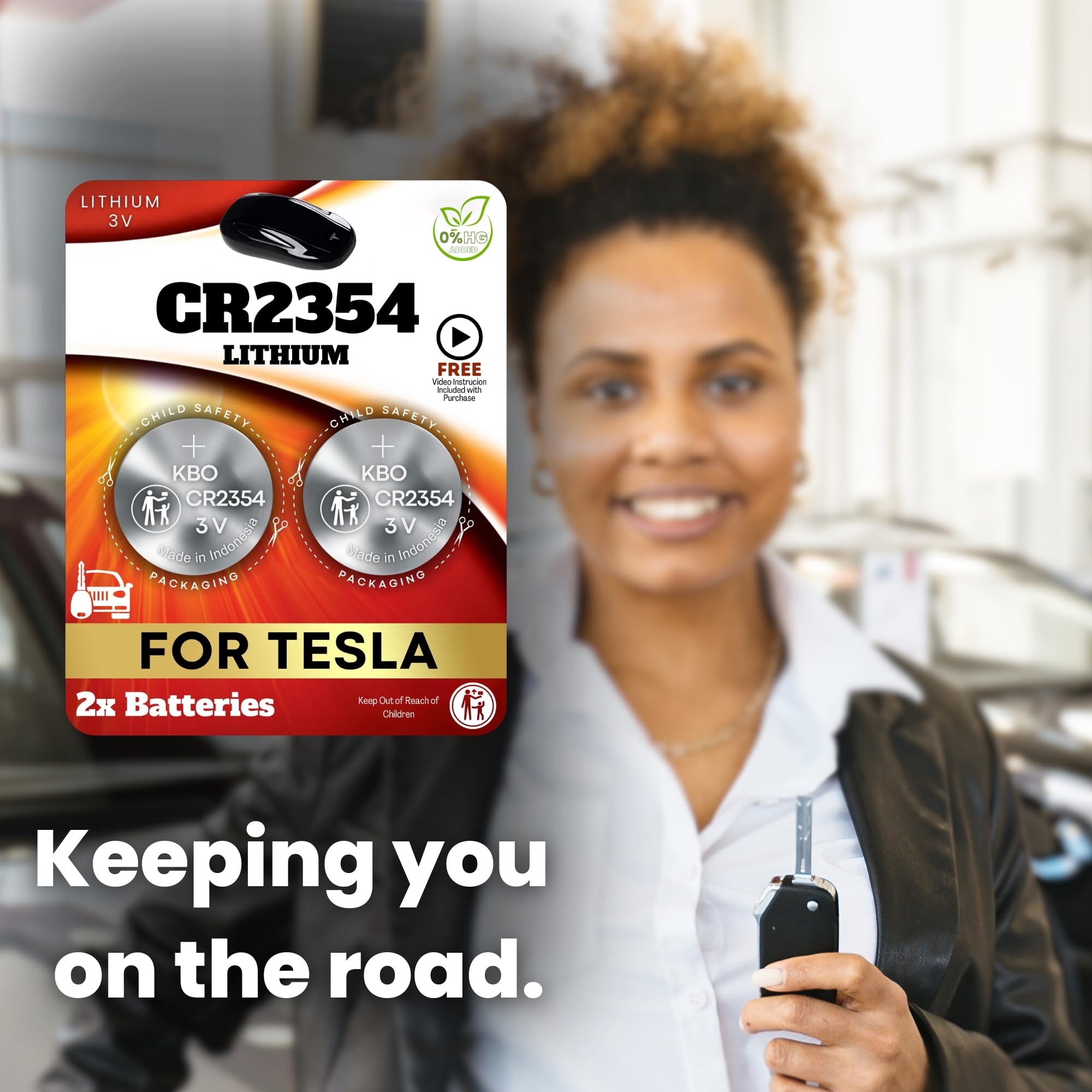 Key Battery Outlet two CR2354 cells beside Tesla key fob providing immediate spare advantage