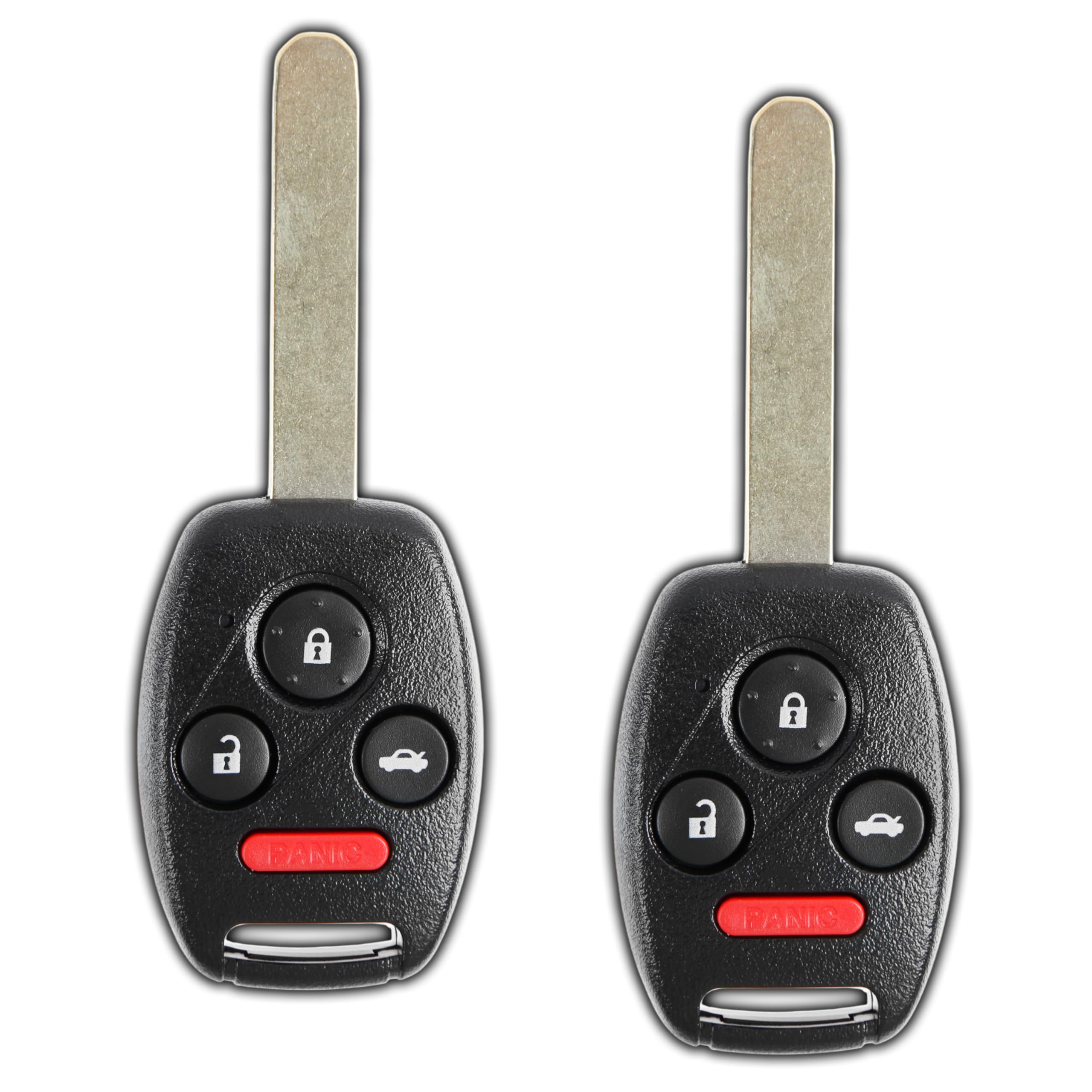 KeylessOption front view of two remotes showing four-button layout and easy replacement benefit
